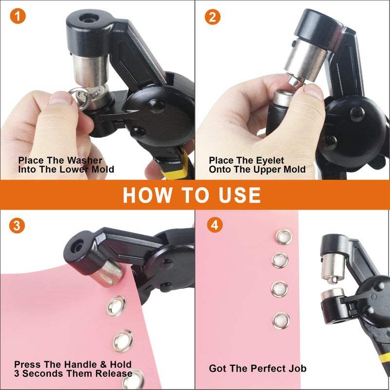ZONGLAN Grommet Tool Kit  Eyelet Tool Multi-Purpose Handheld Manual Hole Punch Rivet Press Plier Crimper 3 Interchangeable Dies with 900 Set 7/32"" 5/16"" 3/8"" Metal Grommets Washers - Image 4